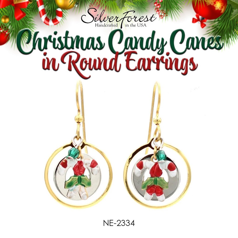 Silver Forest Christmas Candy Canes in Round with Red and Green Accents Earrings